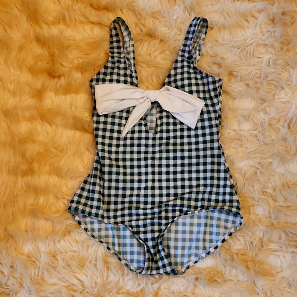 VINTAGE 50s Bettie Page one piece green white gingham print swimsuit, size 10.